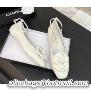 Unique Discount Chanel Shiny Calfskin Ballet flats with Ankle Strap and Camellia White 2025 G46520