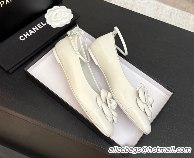 Unique Discount Chanel Shiny Calfskin Ballet flats with Ankle Strap and Camellia White 2025 G46520
