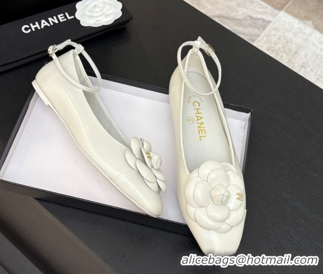 Unique Discount Chanel Shiny Calfskin Ballet flats with Ankle Strap and Camellia White 2025 G46520