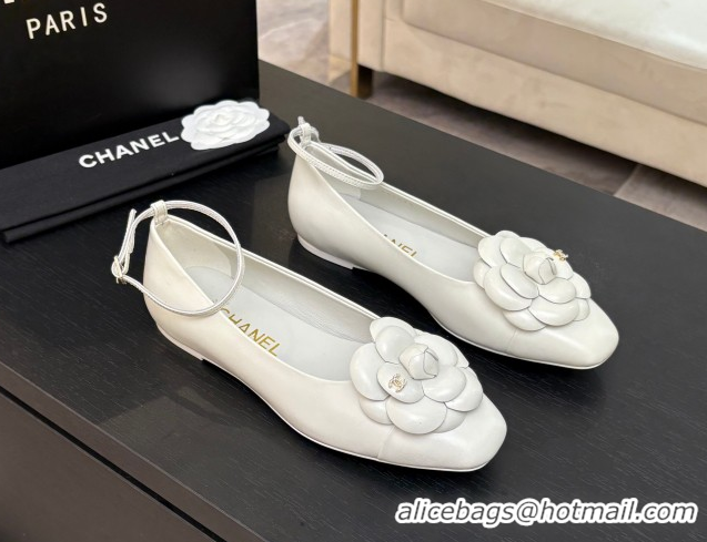 Unique Discount Chanel Shiny Calfskin Ballet flats with Ankle Strap and Camellia White 2025 G46520