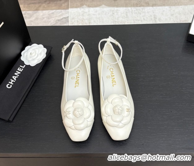 Unique Discount Chanel Shiny Calfskin Ballet flats with Ankle Strap and Camellia White 2025 G46520