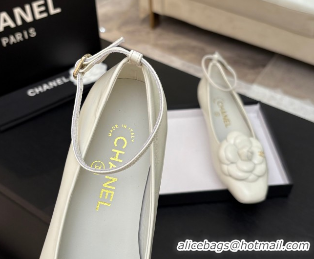 Unique Discount Chanel Shiny Calfskin Ballet flats with Ankle Strap and Camellia White 2025 G46520