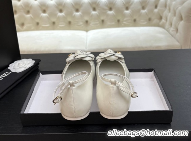 Unique Discount Chanel Shiny Calfskin Ballet flats with Ankle Strap and Camellia White 2025 G46520