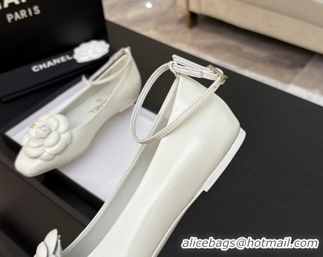Unique Discount Chanel Shiny Calfskin Ballet flats with Ankle Strap and Camellia White 2025 G46520