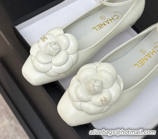 Unique Discount Chanel Shiny Calfskin Ballet flats with Ankle Strap and Camellia White 2025 G46520