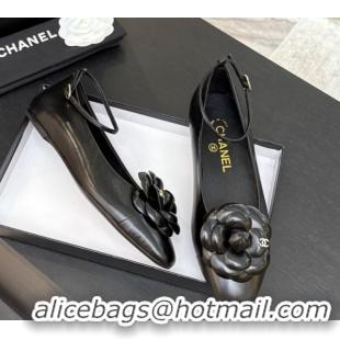 Grade Chanel Shiny Calfskin Ballet flats with Ankle Strap and Camellia Black 2025 G46520