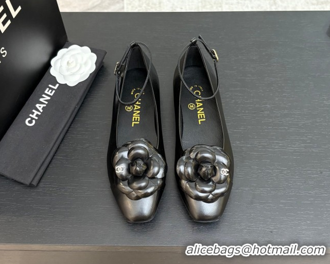Grade Chanel Shiny Calfskin Ballet flats with Ankle Strap and Camellia Black 2025 G46520