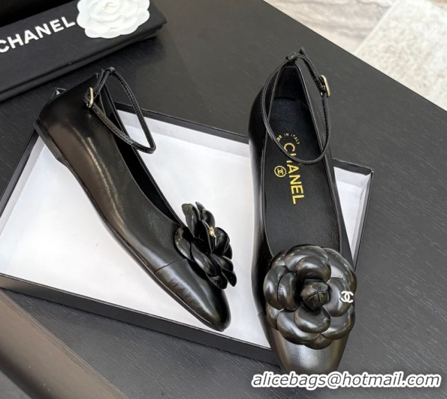 Grade Chanel Shiny Calfskin Ballet flats with Ankle Strap and Camellia Black 2025 G46520