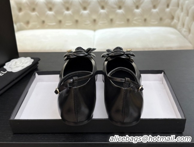 Grade Chanel Shiny Calfskin Ballet flats with Ankle Strap and Camellia Black 2025 G46520