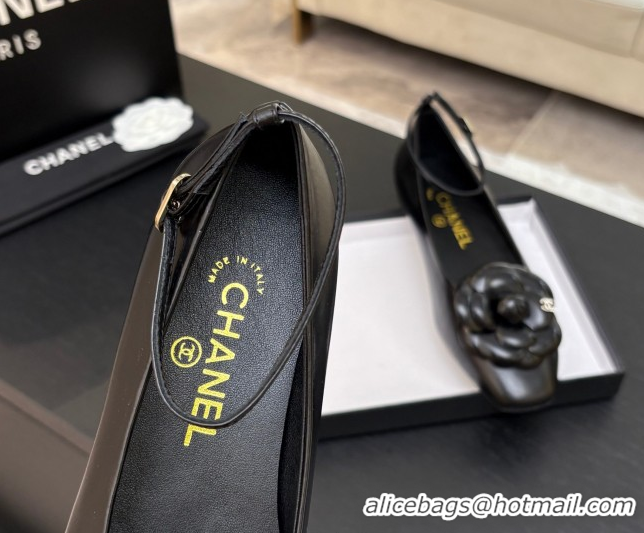 Grade Chanel Shiny Calfskin Ballet flats with Ankle Strap and Camellia Black 2025 G46520