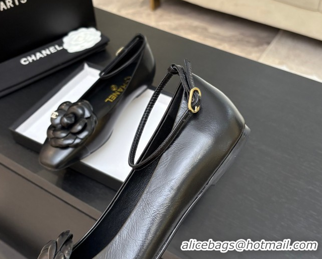 Grade Chanel Shiny Calfskin Ballet flats with Ankle Strap and Camellia Black 2025 G46520