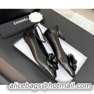 Big Discount Chanel Lambskin Ballet flats with Ankle Strap and Camellia Black 2025 G46520