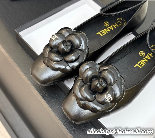 Big Discount Chanel Lambskin Ballet flats with Ankle Strap and Camellia Black 2025 G46520