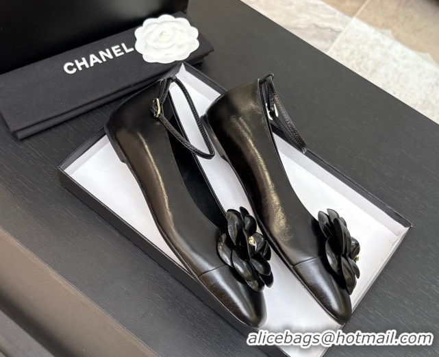 Big Discount Chanel Lambskin Ballet flats with Ankle Strap and Camellia Black 2025 G46520