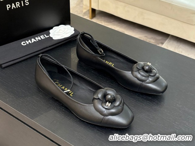 Big Discount Chanel Lambskin Ballet flats with Ankle Strap and Camellia Black 2025 G46520