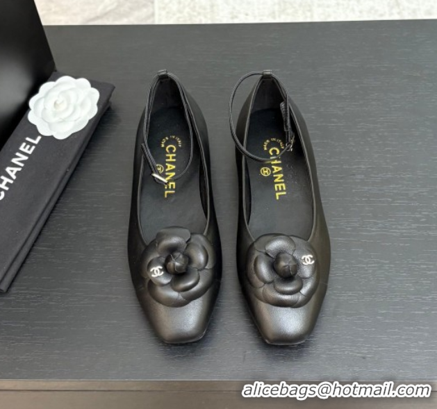 Big Discount Chanel Lambskin Ballet flats with Ankle Strap and Camellia Black 2025 G46520