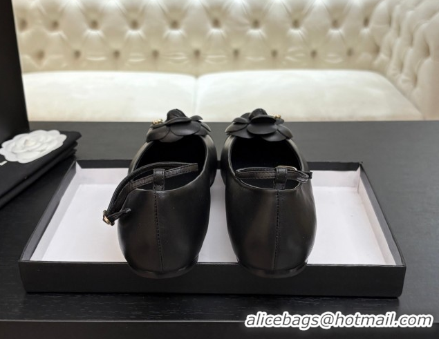 Big Discount Chanel Lambskin Ballet flats with Ankle Strap and Camellia Black 2025 G46520