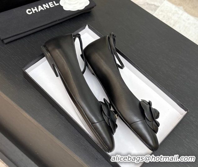 Big Discount Chanel Lambskin Ballet flats with Ankle Strap and Camellia Black 2025 G46520