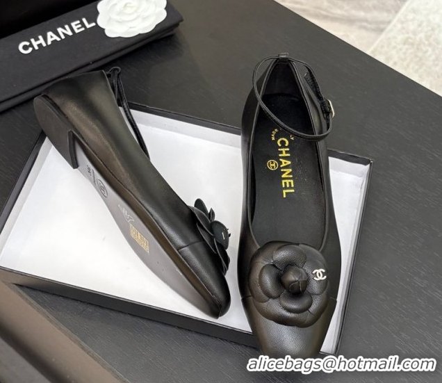 Big Discount Chanel Lambskin Ballet flats with Ankle Strap and Camellia Black 2025 G46520