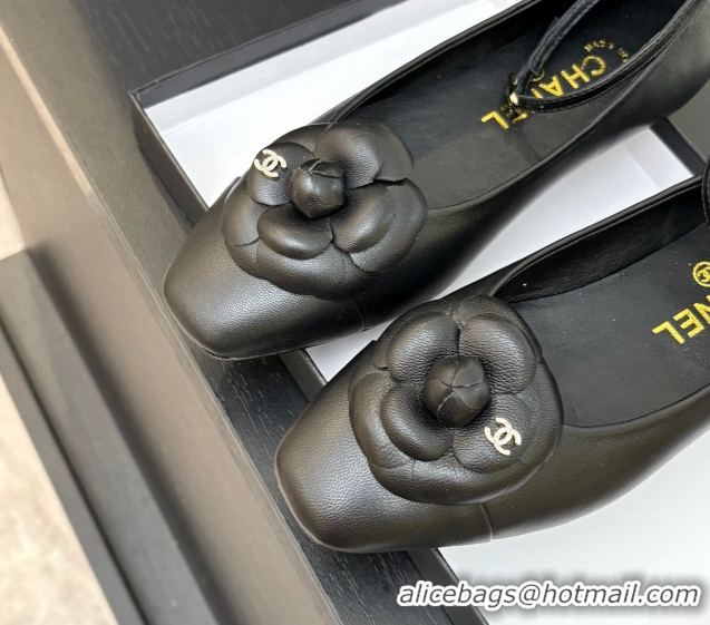 Big Discount Chanel Lambskin Ballet flats with Ankle Strap and Camellia Black 2025 G46520