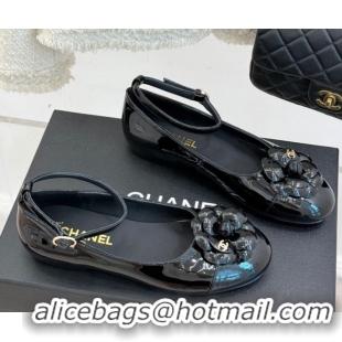 Popular Style Chanel Patent Calfskin Ballet flats with Ankle Strap and Camellia Black 2025 G46520