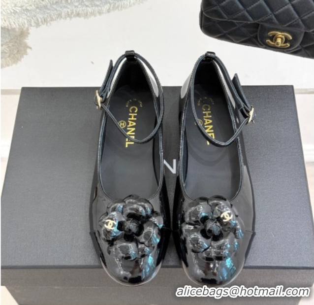 Popular Style Chanel Patent Calfskin Ballet flats with Ankle Strap and Camellia Black 2025 G46520