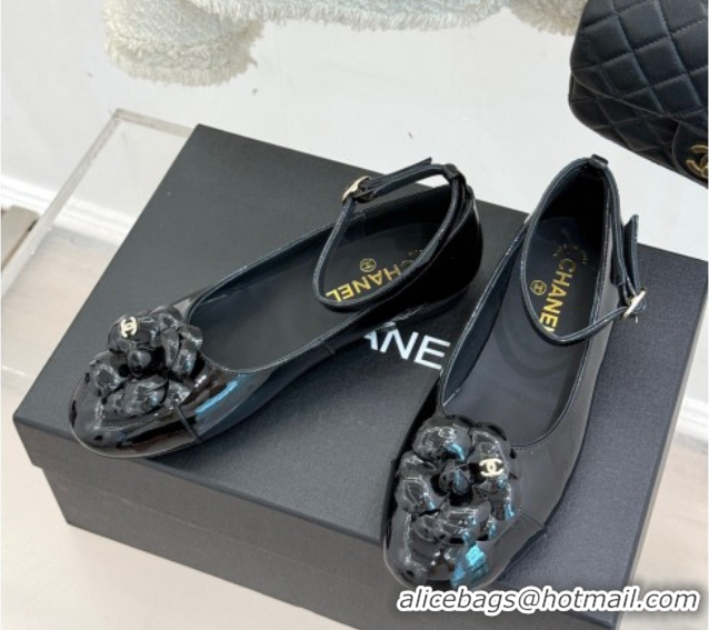 Popular Style Chanel Patent Calfskin Ballet flats with Ankle Strap and Camellia Black 2025 G46520
