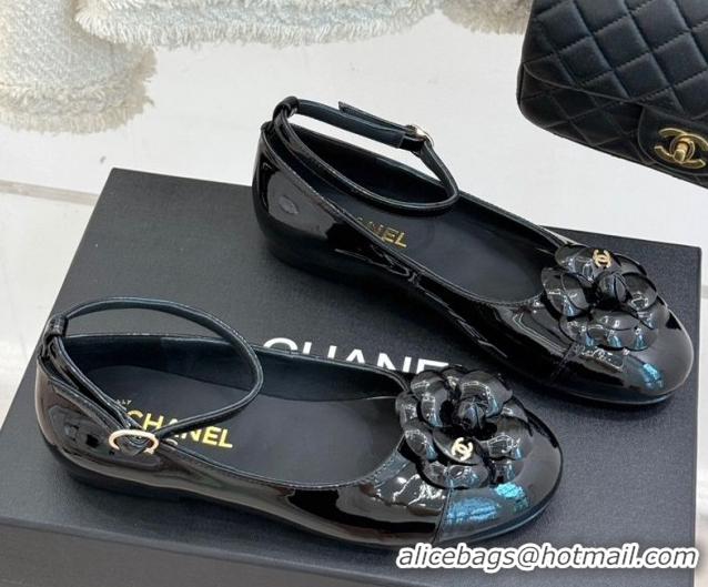 Popular Style Chanel Patent Calfskin Ballet flats with Ankle Strap and Camellia Black 2025 G46520