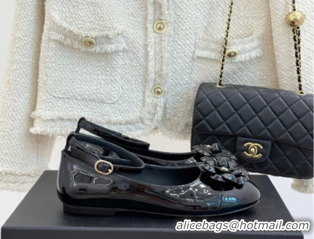 Popular Style Chanel Patent Calfskin Ballet flats with Ankle Strap and Camellia Black 2025 G46520