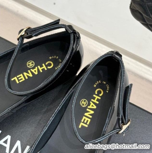 Popular Style Chanel Patent Calfskin Ballet flats with Ankle Strap and Camellia Black 2025 G46520