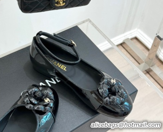 Popular Style Chanel Patent Calfskin Ballet flats with Ankle Strap and Camellia Black 2025 G46520