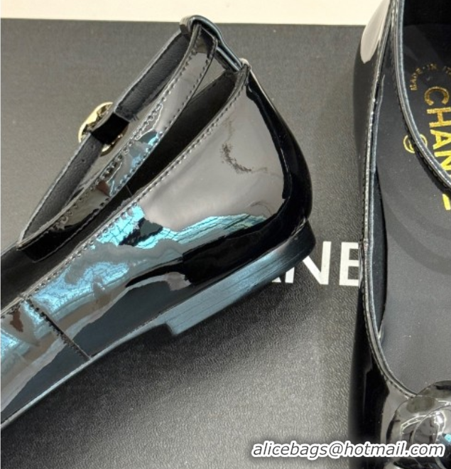 Popular Style Chanel Patent Calfskin Ballet flats with Ankle Strap and Camellia Black 2025 G46520