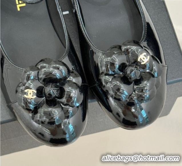 Popular Style Chanel Patent Calfskin Ballet flats with Ankle Strap and Camellia Black 2025 G46520
