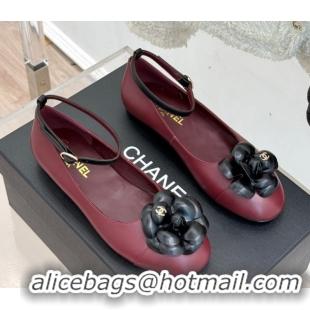 Trendy Design Chanel Lambskin Ballet flats with Ankle Strap and Camellia Burgundy 2025 G46520