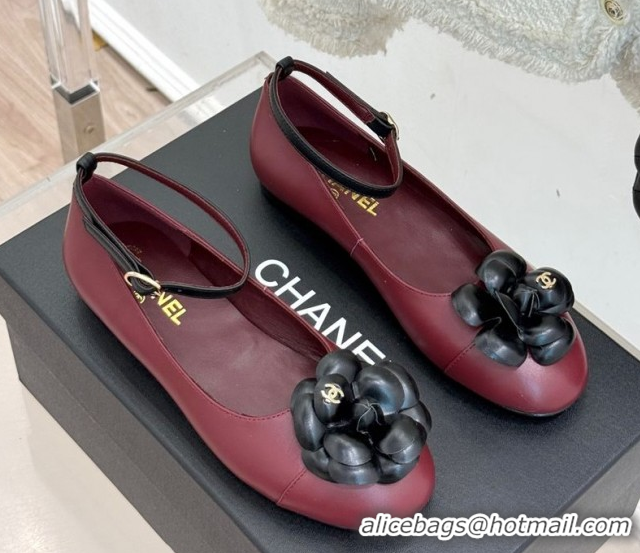 Trendy Design Chanel Lambskin Ballet flats with Ankle Strap and Camellia Burgundy 2025 G46520