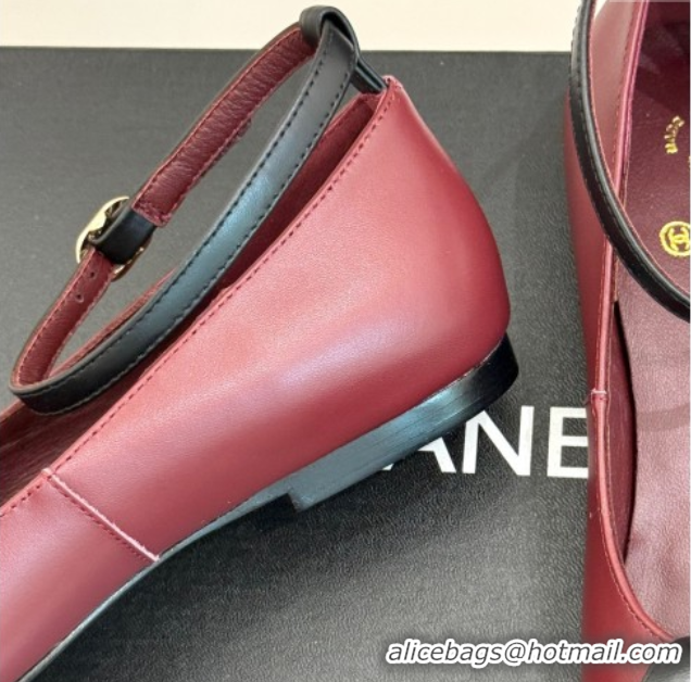 Trendy Design Chanel Lambskin Ballet flats with Ankle Strap and Camellia Burgundy 2025 G46520
