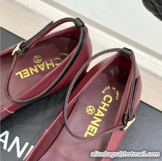 Trendy Design Chanel Lambskin Ballet flats with Ankle Strap and Camellia Burgundy 2025 G46520