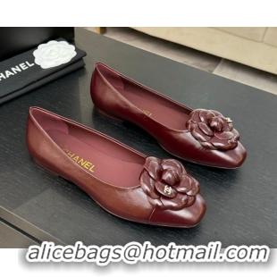 Shop Duplicate Chanel Shiny Calfskin Ballet flats with Camellia Bloom Burgundy 2025 G46520
