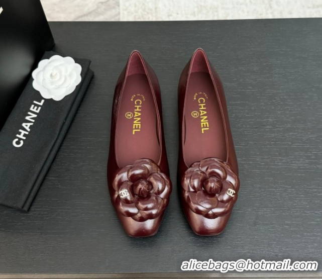 Shop Duplicate Chanel Shiny Calfskin Ballet flats with Camellia Bloom Burgundy 2025 G46520