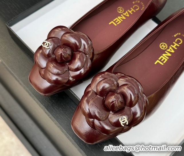 Shop Duplicate Chanel Shiny Calfskin Ballet flats with Camellia Bloom Burgundy 2025 G46520