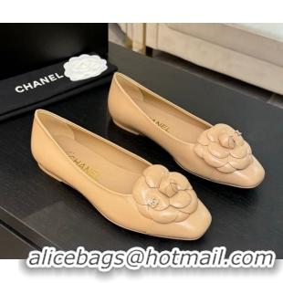 Hot Style Chanel Shiny Calfskin Ballet flats with Camellia Bloom Beige 2025 G46520