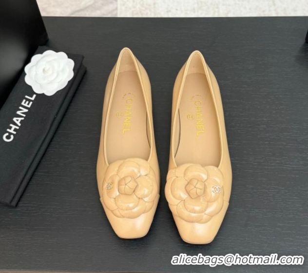 Hot Style Chanel Shiny Calfskin Ballet flats with Camellia Bloom Beige 2025 G46520