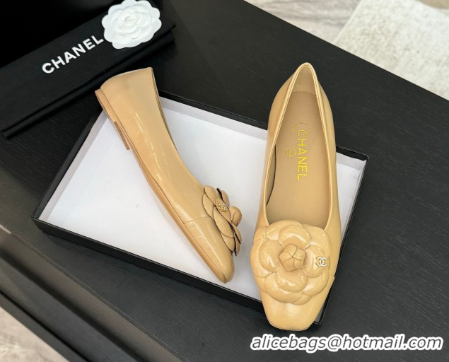 Hot Style Chanel Shiny Calfskin Ballet flats with Camellia Bloom Beige 2025 G46520