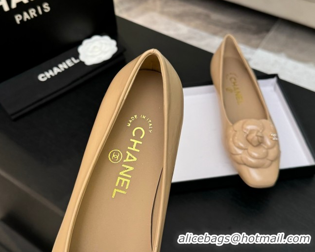 Hot Style Chanel Shiny Calfskin Ballet flats with Camellia Bloom Beige 2025 G46520