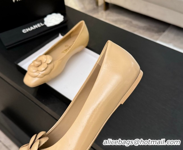 Hot Style Chanel Shiny Calfskin Ballet flats with Camellia Bloom Beige 2025 G46520