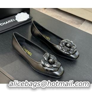 Classic Hot Chanel Shiny Calfskin Ballet flats with Camellia Bloom Black 2025 G46520