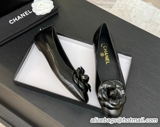 Classic Hot Chanel Shiny Calfskin Ballet flats with Camellia Bloom Black 2025 G46520