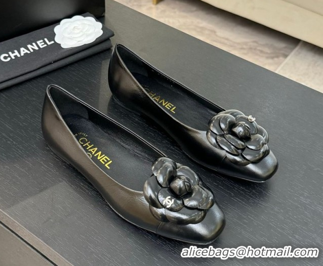 Classic Hot Chanel Shiny Calfskin Ballet flats with Camellia Bloom Black 2025 G46520