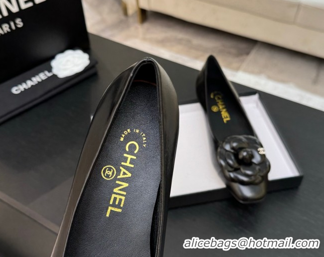 Classic Hot Chanel Shiny Calfskin Ballet flats with Camellia Bloom Black 2025 G46520