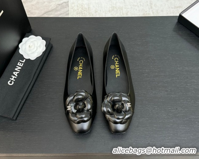 Classic Hot Chanel Shiny Calfskin Ballet flats with Camellia Bloom Black 2025 G46520